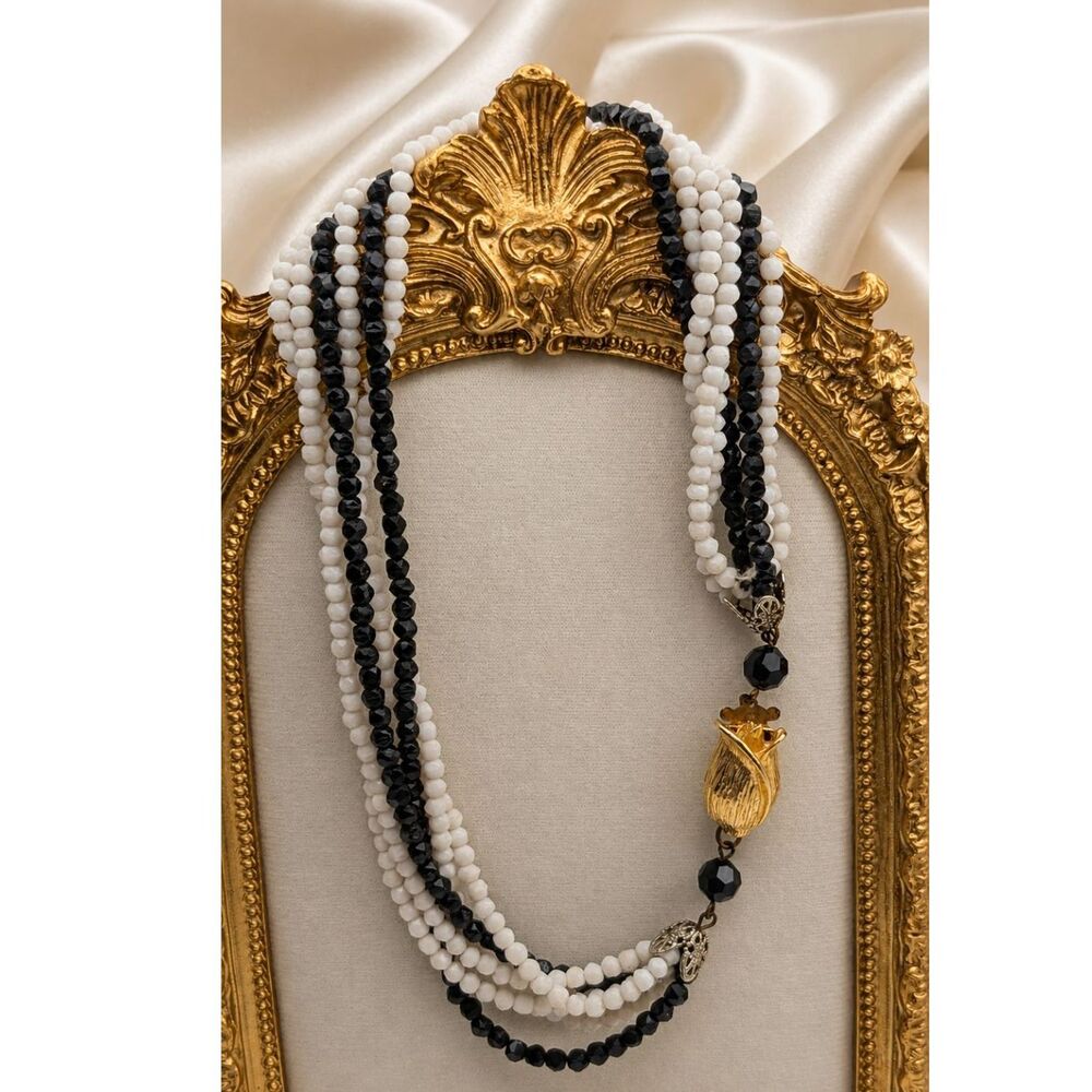 Vintage 60s Glass Bead Choker Necklace Black White Multistrand Mid Century
